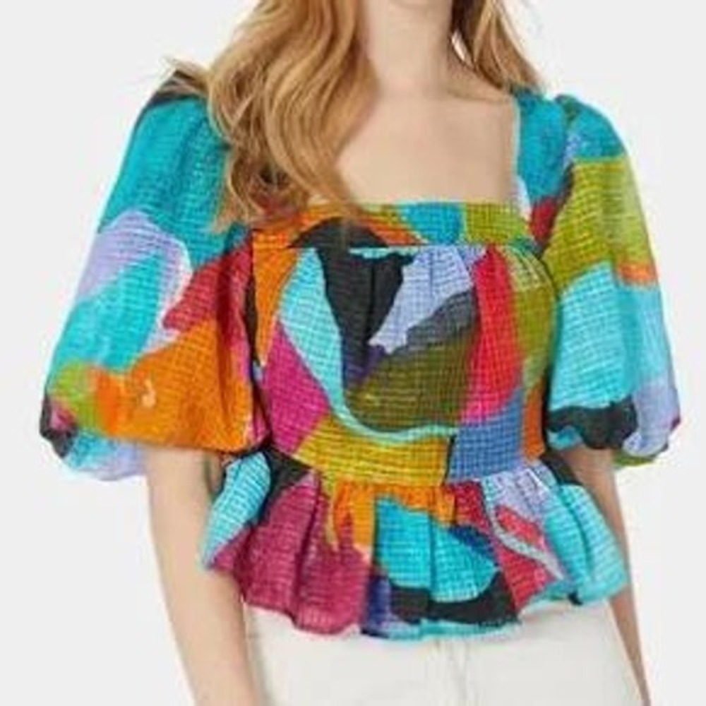 Marie Oliver Kaylee Top Jewel Multi Color Silk Linen Puff Sleeve Blouse - Picture 2 of 11